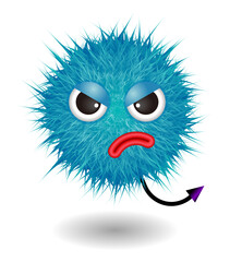Hairy monster with blue fluffy hair. Vector cute furry ball character.