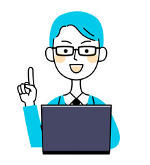 眼鏡のビジネスマン　パソコン　指差し　イラスト素材