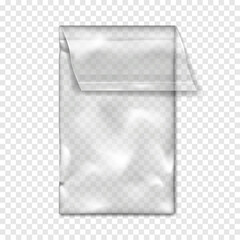 Clear self sealing plastic bag with adhesive flap closure on transparent background realistic vector mockup. Empty long rectangular pouch packaging mock-up