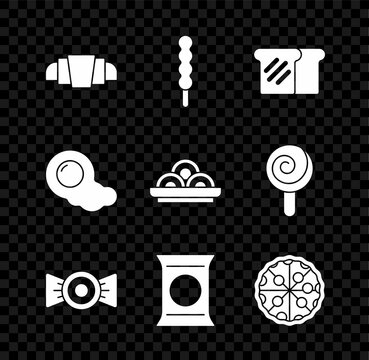 Set Croissant, Lollipop, Bread toast, Candy, Bag or packet potato chips, Pizza, Scrambled eggs and Asian noodles in bowl icon. Vector