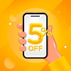 5 or five percent off design. Hand holding a mobile phone with an offer message. Special discount promotion, sale poster template. Vector illustration