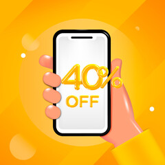 40 or Forty percent off design. Hand holding a mobile phone with an offer message. Special discount promotion, sale poster template. Vector illustration