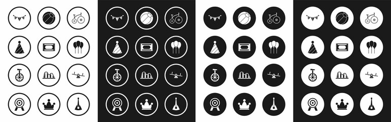 Set Vintage bicycle, Circus ticket, Party hat, Carnival garland with flags, Balloons ribbon, Beach ball, Seesaw and Unicycle or one wheel icon. Vector