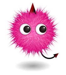 Hairy monster with pink fluffy hair. Vector cute furry ball character.