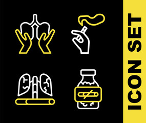 Set line Hand with smoking cigarette, Nicotine gum blister pack, Disease lungs and Lungs icon. Vector