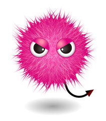 Hairy monster with pink fluffy hair. Vector cute furry ball character.