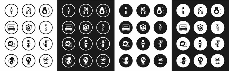 Set Avocado fruit, Bodybuilder muscle, Big bed, Smartwatch, Carrot, Jump rope, Bamboo and icon. Vector