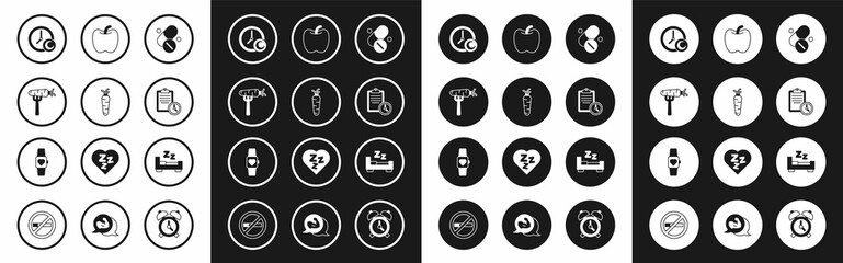 Set Vitamin pill, Carrot, on fork, Time to sleep, Sport training program, Apple, and Smart watch icon. Vector