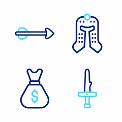 Set line Dagger, Old money bag, Medieval helmet and Arrow icon. Vector