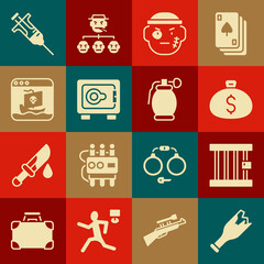 Set Broken bottle as weapon, Prison window, Money bag, Bandit, Safe, Internet piracy, Syringe and Hand grenade icon. Vector