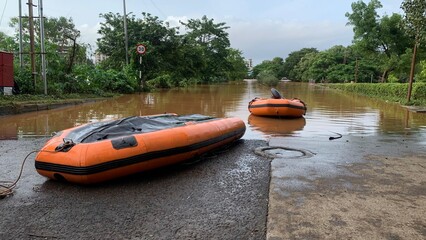 Kolhapur, Maharashtra, India, INDIA - July 23, 2021: Flood water reached upto market area of city. ...