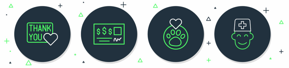 Set line Bank check, Heart with animals footprint, Thank you heart and Male doctor icon. Vector