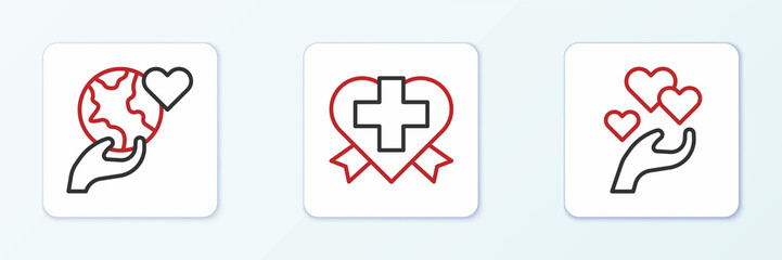 Set line Heart in hand, Hand holding Earth globe and with cross icon. Vector
