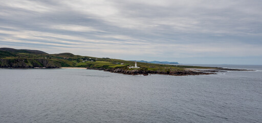 panorama drone landscape view of Fanad Head Lighthouse and Peninsula on the northern coast of Ireland