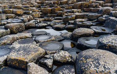 close-up detail view of the volcanic hexagon basalt rock columns of the Giant's Causeway in Northern Ireland