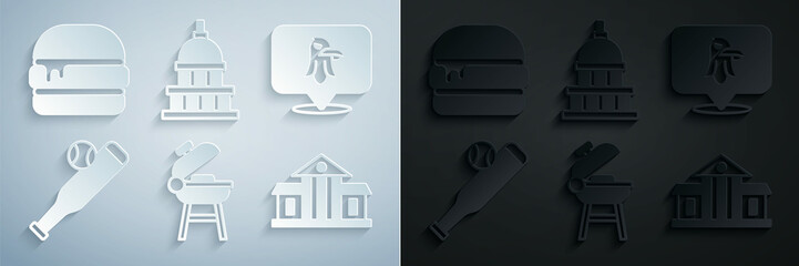 Set Barbecue grill, Eagle, Baseball bat with ball, White House, and Burger icon. Vector