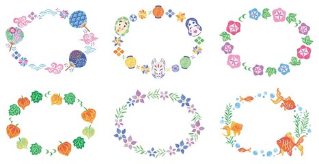 夏祭り　和風　イラスト丸フレームセット　横
