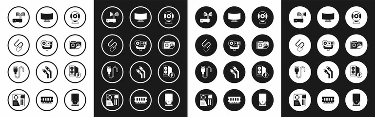 Set Web camera, Computer mouse, Router and wi-fi signal, Video graphic card, monitor screen, Case of computer and USB cable cord icon. Vector