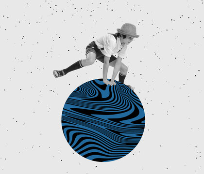 Fototapeta Contemporary art collage. New ideas and creative inspiration. Little boy jumping over ball. Concept of retro vintage style. optical illusion elements