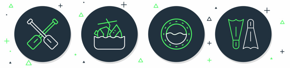 Set line Sinking cruise ship, Ship porthole, Paddle and Flippers for swimming icon. Vector