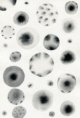 Abstract pattern with round black and gray monochrome spots and dots on a white background art, watercolor.