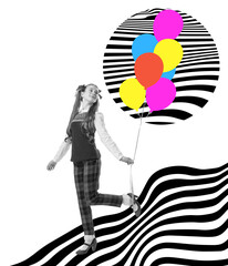 Contemporary art collage. New ideas and creative inspiration. Teen girl walking with colorful air...