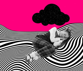 Contemporary art collage. New ideas and creative inspiration. Sleeping girl lying on floor with optical illusion elements. Concept of retro vintage style.