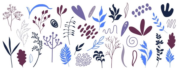 Organic shapes, plants, spots, lines, dots. Vector set of minimal trendy abstract hand drawn isolated elements for graphic design	
