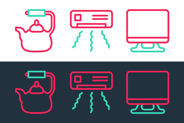 Set line Smart Tv, Kettle with handle and Air conditioner icon. Vector