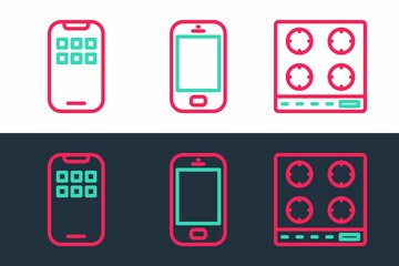 Set line Gas stove, Mobile Apps and phone icon. Vector
