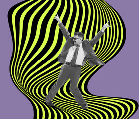 Contemporary art collage. Man dancing over black-green hypnotic pattern background. Ideas,...