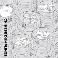 Chinese dumplings. Menu design template. Vector illustration. Chinese dumplings and buns in a traditional bamboo steamer