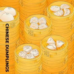 Chinese dumplings. Menu design template. Vector illustration. Chinese dumplings and buns in a traditional bamboo steamer