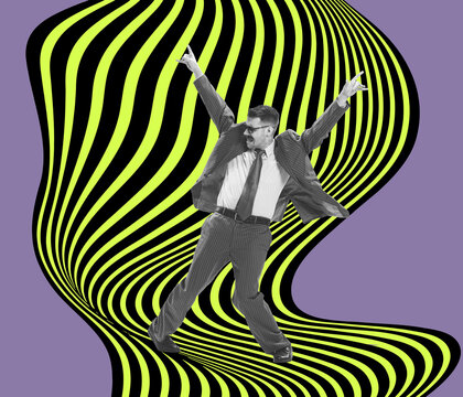 Fototapeta Contemporary art collage. Man dancing over black-green hypnotic pattern background. Ideas, inspiration, surrealism. Concept of retro vintage style. optical illusion elements