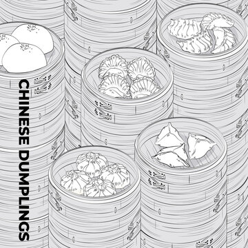 Chinese dumplings. Menu design template. Vector illustration. Chinese dumplings and buns in a traditional bamboo steamer