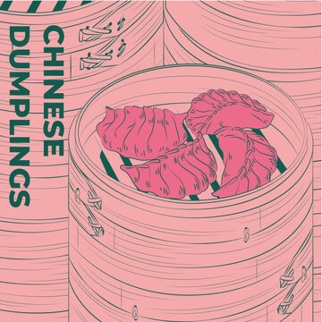 Chinese dumplings. Menu design template. Vector illustration. Chinese dumplings and buns in a traditional bamboo steamer