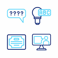 Set line Foreign language online study, Certificate template, Creative lamp light idea and Speech bubbles with Question icon. Vector