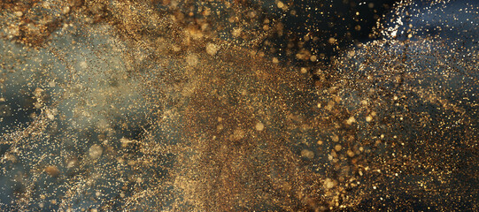 Gold sparkle glitter explosion dust particles background with bokeh, gold holiday happy new year...