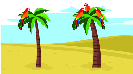 Fototapeta na wymiar Parrots sit on palm trees among the sand