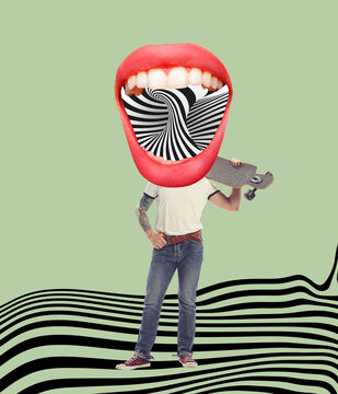 Fototapeta Contemporary art collage. Stylish man with open female mouth instead head. New ideas and creative inspiration. Concept of retro vintage style. optical illusion elements