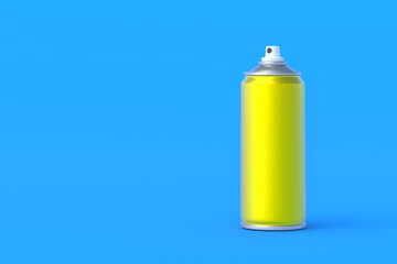 Metallic can of spray paint of yellow color. Hairspray or lacquer. Disinfectant sprayer. Renovation equipment. Gas in aerosol container. Tool for street art. Copy space. 3d render