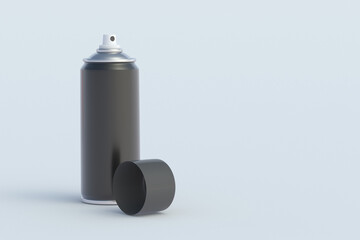 Black metallic can of spray paint with lid. Hairspray or lacquer. Disinfectant sprayer. Renovation equipment. Gas in aerosol container. Tool for street art. Copy space. 3d render - obrazy, fototapety, plakaty