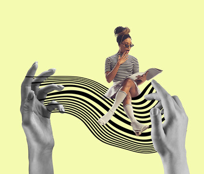 Fototapeta Contemporary art collage. Surprised girl reading magazine. New ideas and creative inspiration. Concept of retro vintage style. optical illusion elements