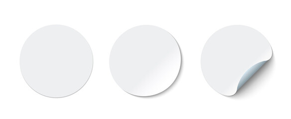 White adhesive stickers. Blank templates of price tags. Empty mockup paper circles.