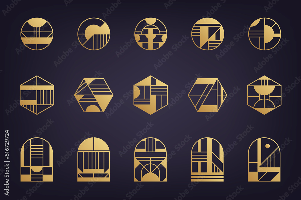 Wall mural Vector set of golden luxury art deco logos, gold geometric abstract icons. Linear modern style. Circle, triangle, polygon linear shapes. Aztec, magic, esoteric icons, sacred geometry.