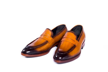 Men's classic brown leather shoes isolated on white background. copy space
