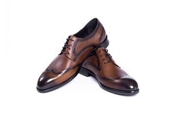 Men's classic brown leather shoes isolated on white background. copy space