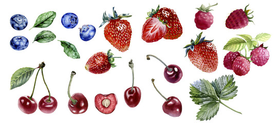 Set of juicu berries - raspberry, strawberry, cherry, blueberry and leaves. Watercolor isolated on white background