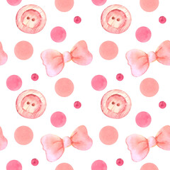 Seamless background with watercolor circles, bow, button isolated on white background