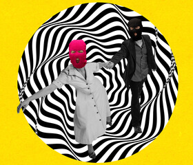 Contemporary art collage. Man and woman dressed in retro style, wearing balaclavas and running...